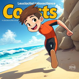 Anime-style cover art for an educational science magazine issue titled 'Coasts', featuring a friendly teen male character in a tight, brightly-colored wetsuit, running energetically on a sandy beach towards the ocean while looking back behind himself with a joyful smile