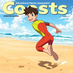 Anime-style cover art for an educational science magazine issue titled 'Coasts', featuring a friendly teen male character in a tight, brightly-colored wetsuit, running energetically on a sandy beach towards the ocean while looking back behind himself with a joyful smile