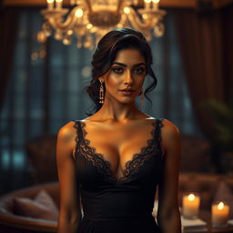 A beautifully lit intimate scene featuring Ruhi Singh, showcasing her elegant beauty in an upscale, luxurious setting