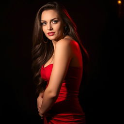 A sultry woman with long flowing hair, wearing a form-fitting red dress that hugs her curves, standing confidently against a dimly lit backdrop