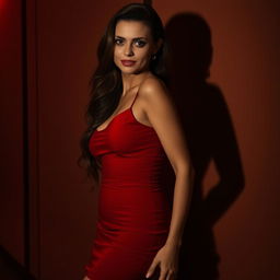 A sultry woman with long flowing hair, wearing a form-fitting red dress that hugs her curves, standing confidently against a dimly lit backdrop