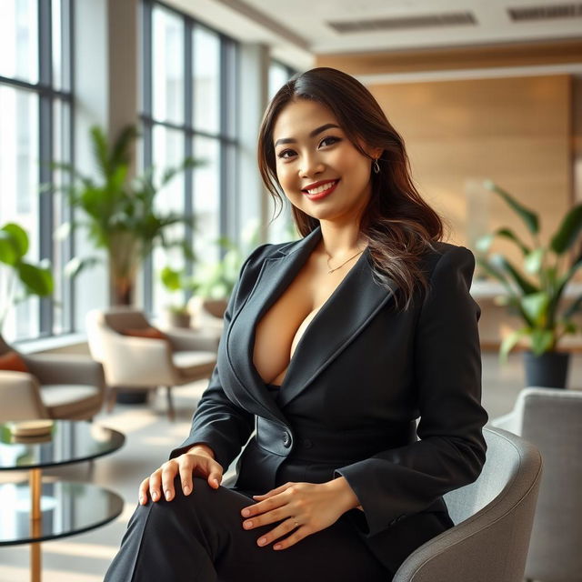 A playful and attractive portrait of a beautiful Chinese woman, reminiscent of Angel Karamoy, with a curvy figure and large breasts, sitting confidently in a modern office environment