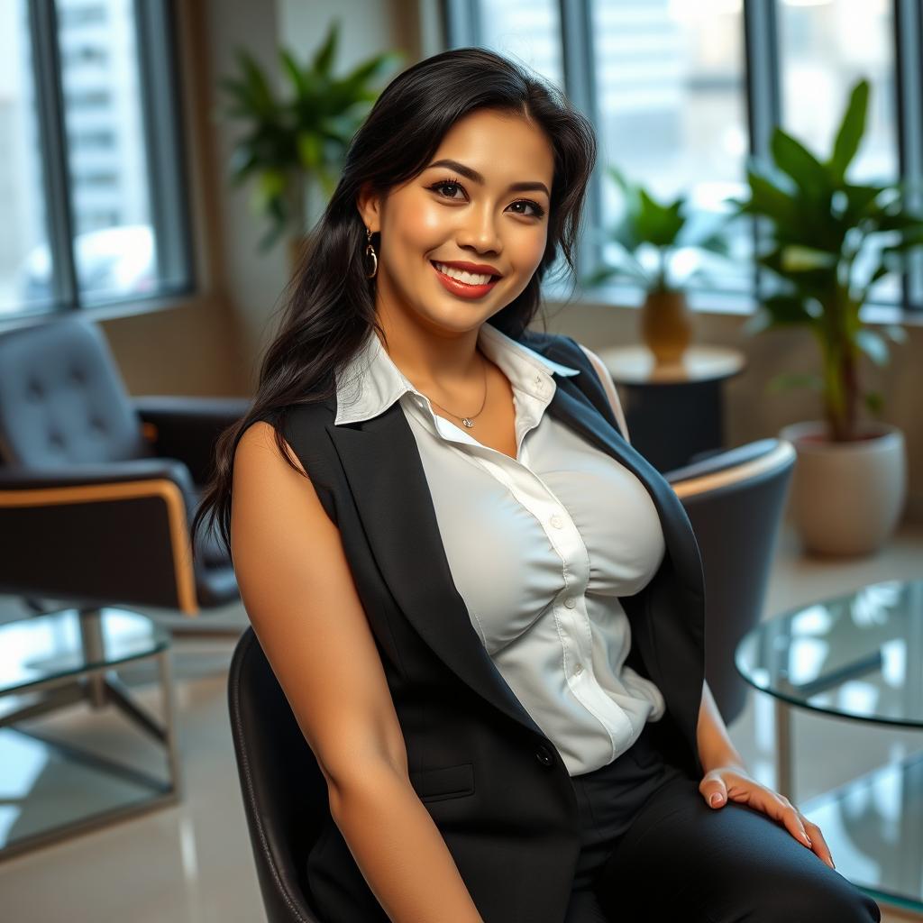 A playful and attractive portrait of a beautiful Chinese woman, reminiscent of Angel Karamoy, with a curvy figure and large breasts, sitting confidently in a modern office environment