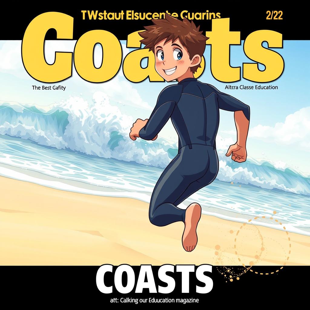 Detailed anime-style cover art for an educational science magazine issue titled 'Coasts', showcasing a friendly athletic teen male character in a tight full-body wetsuit, energetically running on a sandy beach towards the ocean while looking back behind himself with an enthusiastic smile