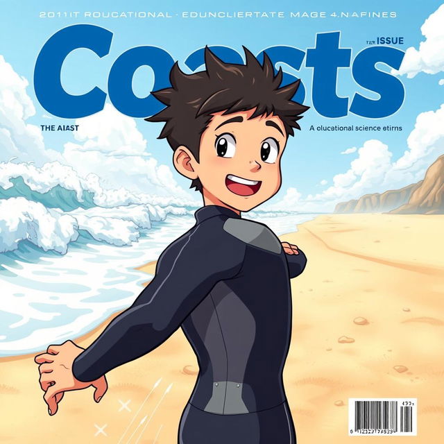 Detailed anime-style cover art for an educational science magazine issue titled 'Coasts', showcasing a friendly athletic teen male character in a tight full-body wetsuit, energetically running on a sandy beach towards the ocean while looking back behind himself with an enthusiastic smile