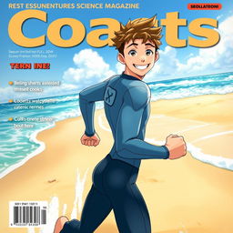 Detailed anime-style cover art for an educational science magazine issue titled 'Coasts', showcasing a friendly athletic teen male character in a tight full-body wetsuit, energetically running on a sandy beach towards the ocean while looking back behind himself with an enthusiastic smile