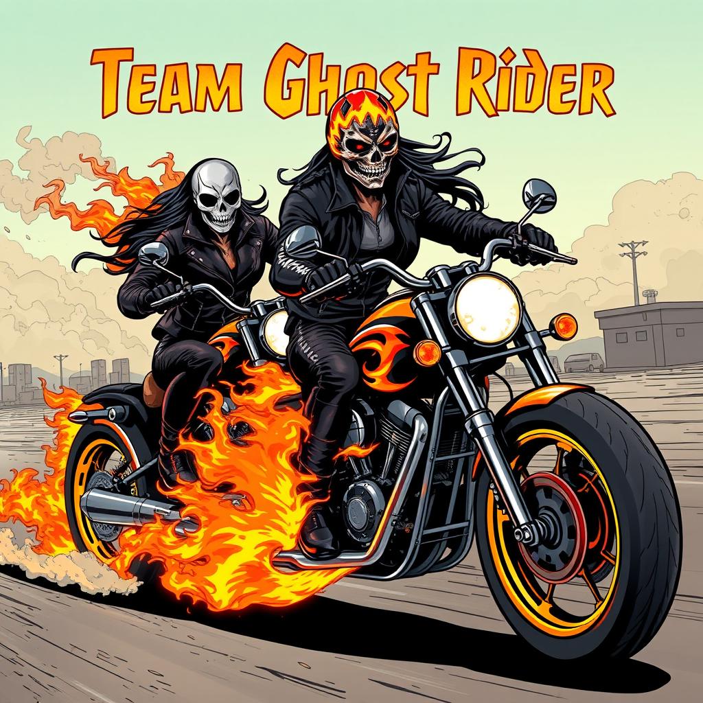 A dynamic illustration featuring two ghost riders: one male and one female
