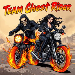 A dynamic illustration featuring two ghost riders: one male and one female