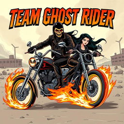 A dynamic illustration featuring two ghost riders: one male and one female