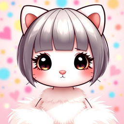 A cute character inspired by Hello Kitty, featuring straight short hair, long eyelashes, and straight eyebrows
