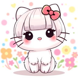 A cute character inspired by Hello Kitty, featuring straight short hair, long eyelashes, and straight eyebrows