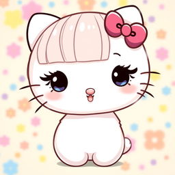 A cute character inspired by Hello Kitty, featuring straight short hair, long eyelashes, and straight eyebrows