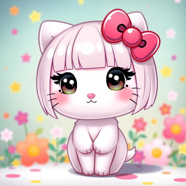 A cute character inspired by Hello Kitty, featuring straight short hair, long eyelashes, and straight eyebrows