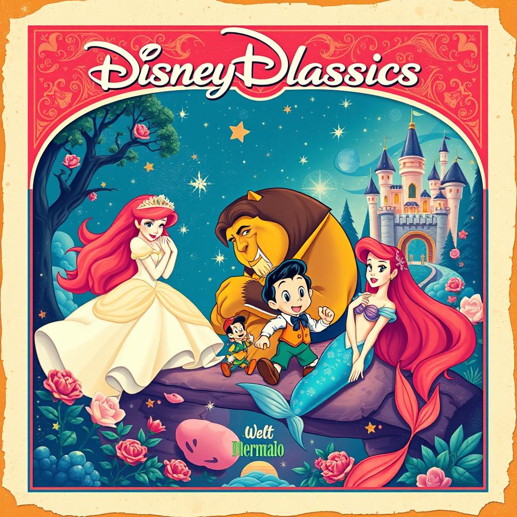 A vintage movie theater poster featuring elements from Walt Disney's animated classics: Sleeping Beauty, Beauty and the Beast, Pinocchio, and The Little Mermaid