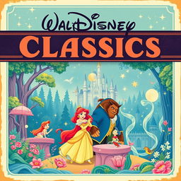 A vintage movie theater poster featuring elements from Walt Disney's animated classics: Sleeping Beauty, Beauty and the Beast, Pinocchio, and The Little Mermaid