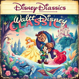 A vintage movie theater poster featuring elements from Walt Disney's animated classics: Sleeping Beauty, Beauty and the Beast, Pinocchio, and The Little Mermaid