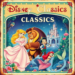 A vintage movie theater poster featuring elements from Walt Disney's animated classics: Sleeping Beauty, Beauty and the Beast, Pinocchio, and The Little Mermaid