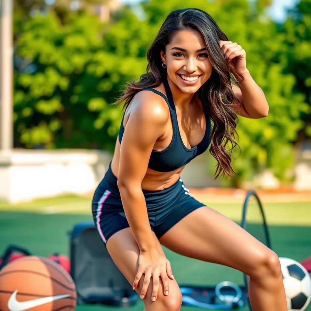 A young woman wearing Nike Pro shorts, bent over in a playful and athletic pose, showcasing her toned legs and a confident smile