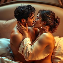 A sensual and intimate scene between two adult figures, featuring a romantic atmosphere with soft lighting and warm colors