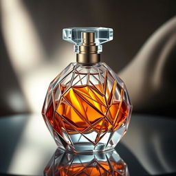 A beautifully crafted perfume bottle featuring a unique geometric design, showcasing a blend of sharp angles and smooth curves