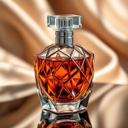 A beautifully crafted perfume bottle featuring a unique geometric design, showcasing a blend of sharp angles and smooth curves