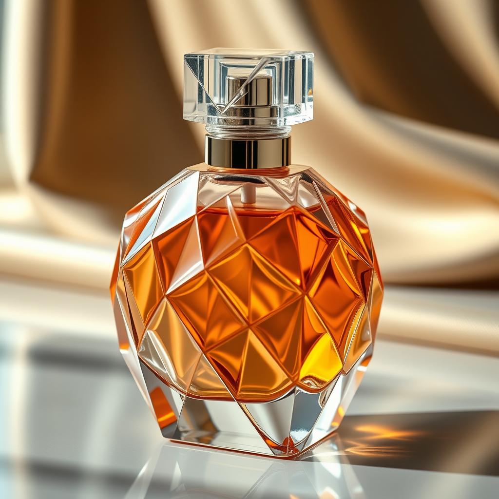 A beautifully crafted perfume bottle featuring a unique geometric design, showcasing a blend of sharp angles and smooth curves