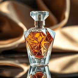 A beautifully crafted perfume bottle featuring a unique geometric design, showcasing a blend of sharp angles and smooth curves