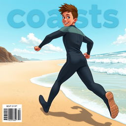 Detailed cover art in a trending Behance style for an educational science magazine issue titled 'Coasts', featuring a friendly teen male character in a tight full-body wetsuit