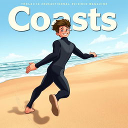 Detailed cover art in a trending Behance style for an educational science magazine issue titled 'Coasts', featuring a friendly teen male character in a tight full-body wetsuit