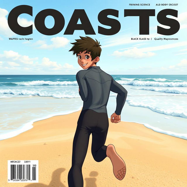 Detailed cover art in a trending Behance style for an educational science magazine issue titled 'Coasts', featuring a friendly teen male character in a tight full-body wetsuit