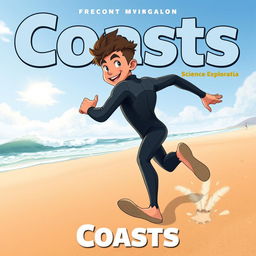 Detailed cover art in a trending Behance style for an educational science magazine issue titled 'Coasts', featuring a friendly teen male character in a tight full-body wetsuit