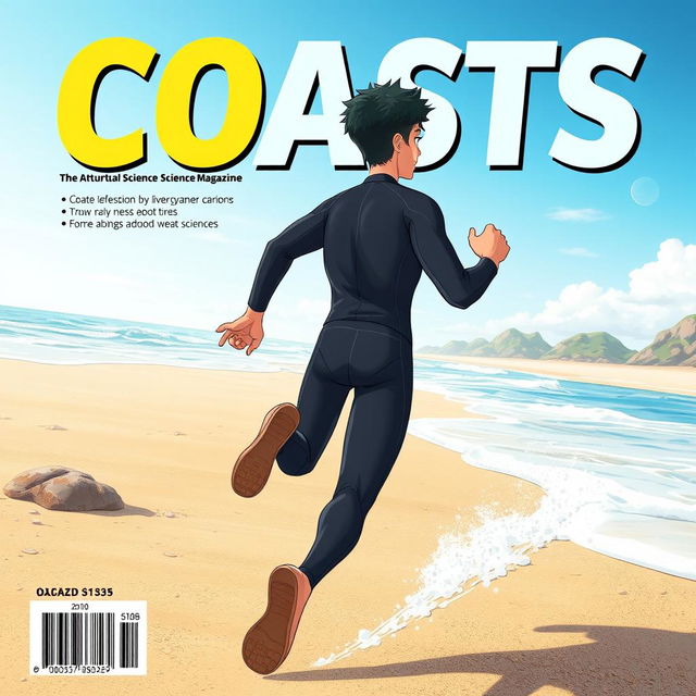 Detailed anime-style cover art for an educational science magazine issue titled 'Coasts', featuring a friendly teen male character in a tight full-body wetsuit