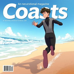 Detailed anime-style cover art for an educational science magazine issue titled 'Coasts', featuring a friendly teen male character in a tight full-body wetsuit