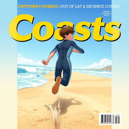 Detailed anime-style cover art for an educational science magazine issue titled 'Coasts', featuring a friendly teen male character in a tight full-body wetsuit