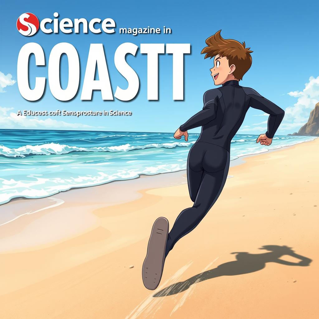 Detailed anime-style cover art for an educational science magazine issue titled 'Coasts', featuring a friendly teen male character in a tight full-body wetsuit