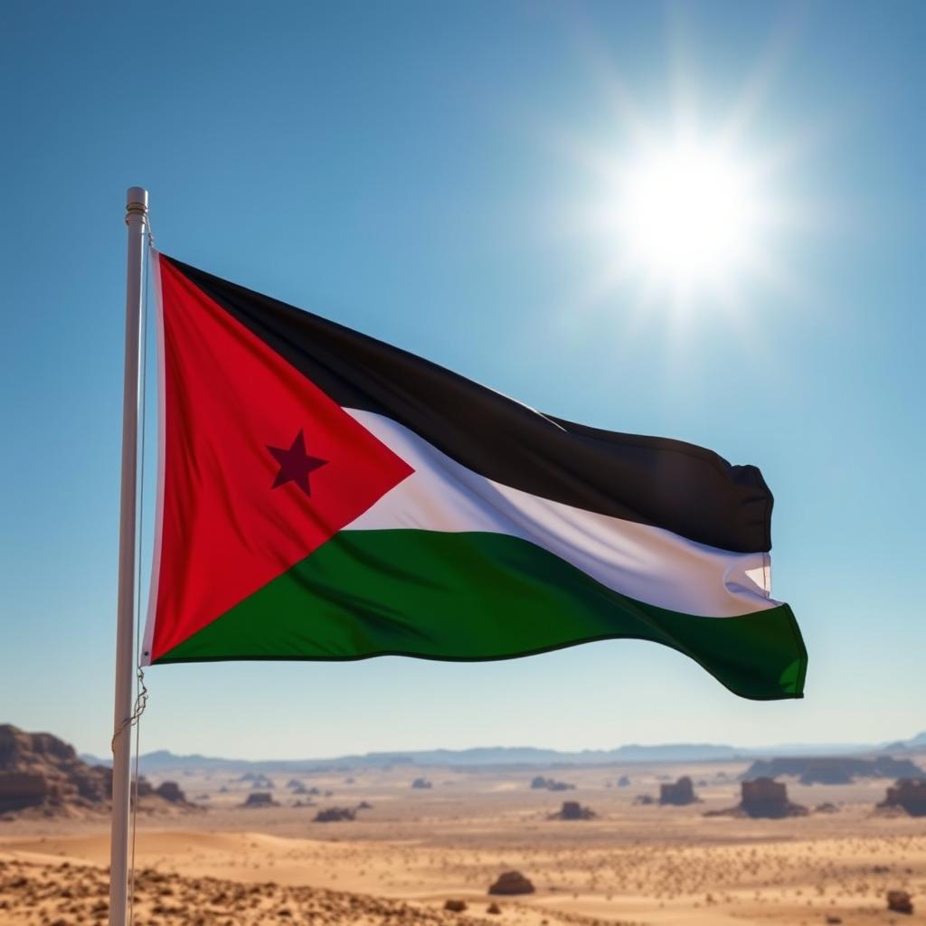 The flag of Jordan features a horizontal tricolor of black, white, and green, with a red chevron extending from the hoist side