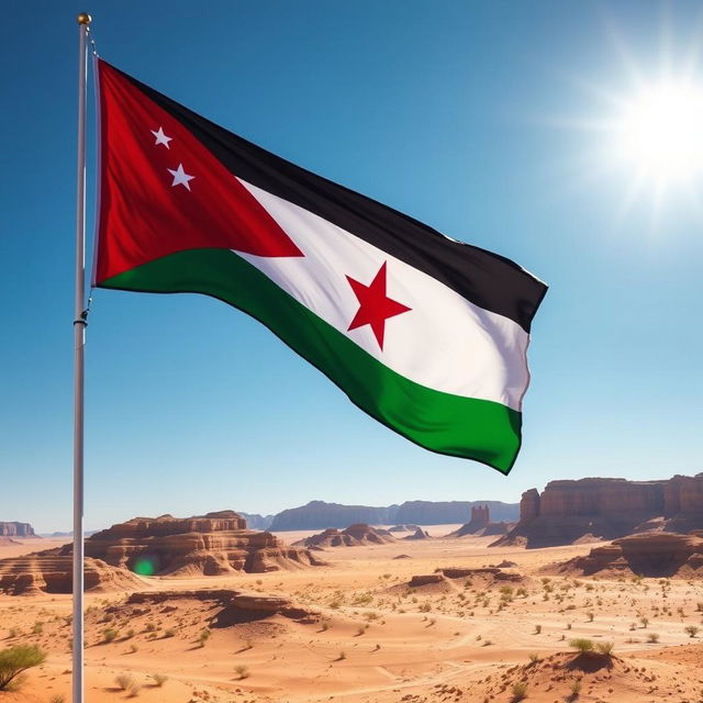 The flag of Jordan features a horizontal tricolor of black, white, and green, with a red chevron extending from the hoist side