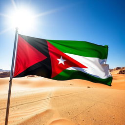 The flag of Jordan features a horizontal tricolor of black, white, and green, with a red chevron extending from the hoist side