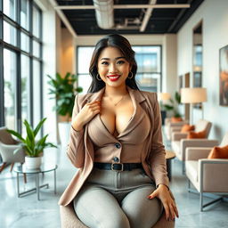 A playful and attractive portrait of a stunning Chinese woman, inspired by Angel Karamoy, with a curvy figure and large breasts, sitting confidently in a stylish office environment