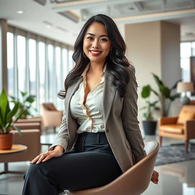 A playful and attractive portrait of a stunning Chinese woman, inspired by Angel Karamoy, with a curvy figure and large breasts, sitting confidently in a stylish office environment