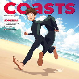Detailed anime-style cover art for an educational science magazine issue titled 'Coasts', featuring a friendly fit teen male character in a tight full-body wetsuit