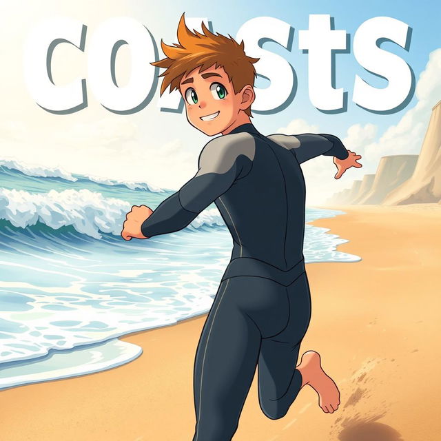 Detailed anime-style cover art for an educational science magazine issue titled 'Coasts', featuring a friendly fit teen male character in a tight full-body wetsuit