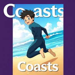 Detailed anime-style cover art for an educational science magazine issue titled 'Coasts', featuring a friendly fit teen male character in a tight full-body wetsuit