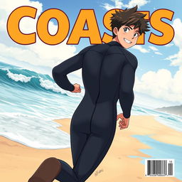 Detailed anime-style cover art for an educational science magazine issue titled 'Coasts', featuring a friendly fit teen male character in a tight full-body wetsuit