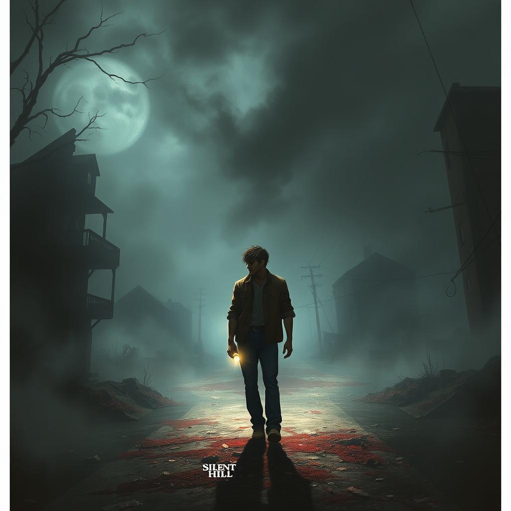 A surreal depiction of James Sunderland from Silent Hill, surrounded by a foggy, haunting landscape that combines eerie elements of the game