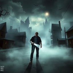 A surreal depiction of James Sunderland from Silent Hill, surrounded by a foggy, haunting landscape that combines eerie elements of the game