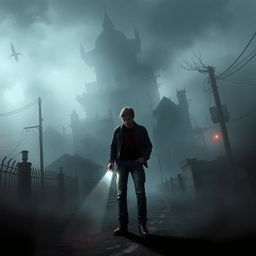 A surreal depiction of James Sunderland from Silent Hill, surrounded by a foggy, haunting landscape that combines eerie elements of the game