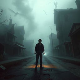 A surreal depiction of James Sunderland from Silent Hill, surrounded by a foggy, haunting landscape that combines eerie elements of the game