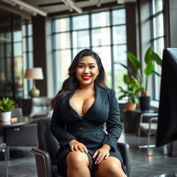 A playful and attractive portrait of a stunning Chinese woman, inspired by Angel Karamoy, featuring a curvy figure with large breasts, confidently sitting in a stylish office setting