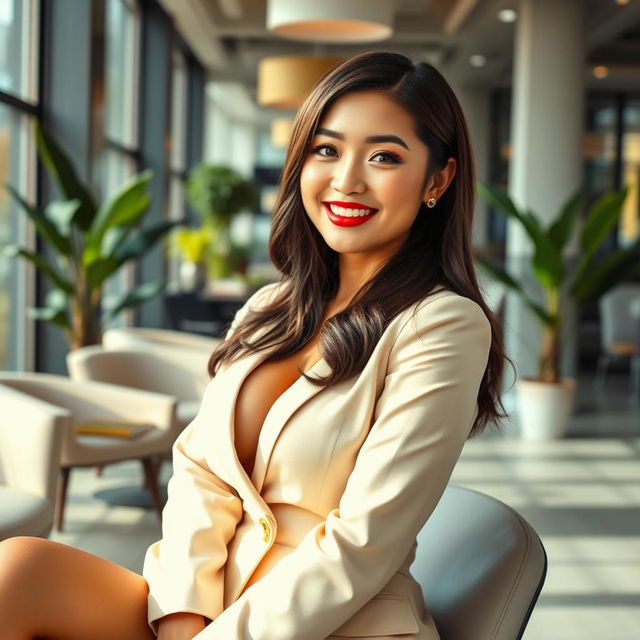 A playful and attractive portrait of a stunning Chinese woman, inspired by Angel Karamoy, featuring a curvy figure with large breasts, confidently sitting in a stylish office setting